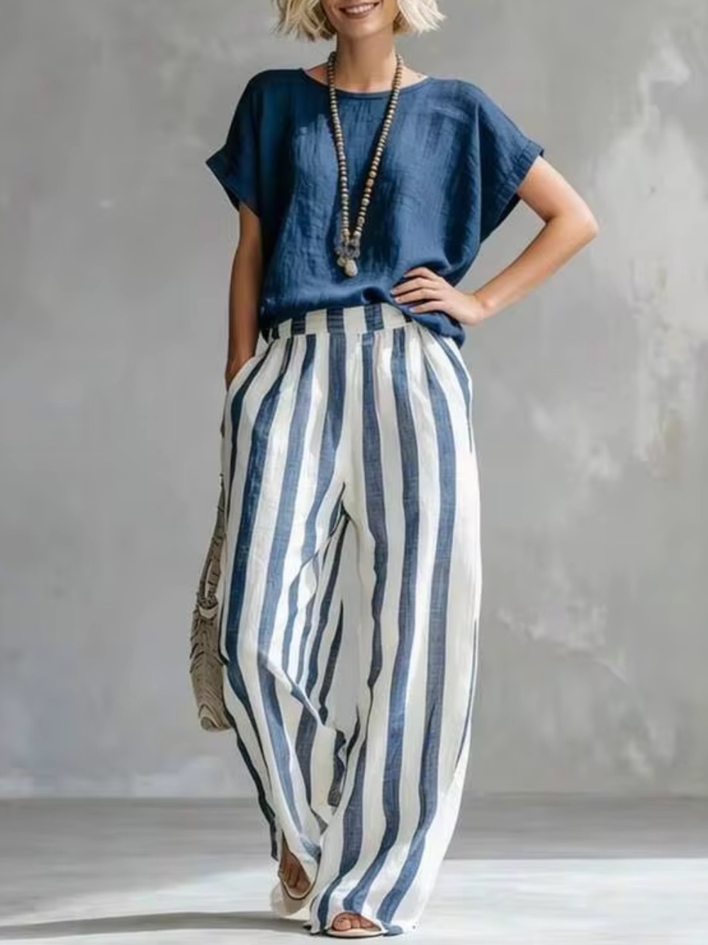 Women’s Blue & White Striped 2-Piece Set Wide Leg Pants Short Sleeve Top Size M